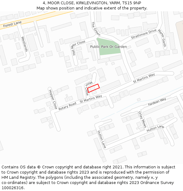 4, MOOR CLOSE, KIRKLEVINGTON, YARM, TS15 9NP: Location map and indicative extent of plot