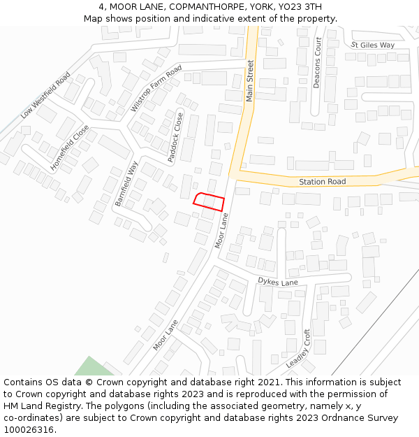 4, MOOR LANE, COPMANTHORPE, YORK, YO23 3TH: Location map and indicative extent of plot