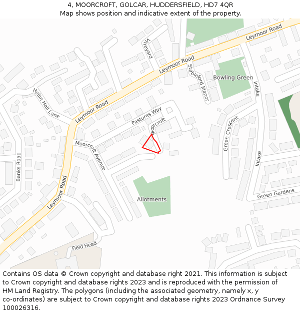 4, MOORCROFT, GOLCAR, HUDDERSFIELD, HD7 4QR: Location map and indicative extent of plot