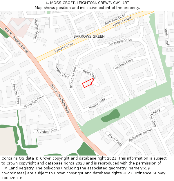 4, MOSS CROFT, LEIGHTON, CREWE, CW1 4RT: Location map and indicative extent of plot