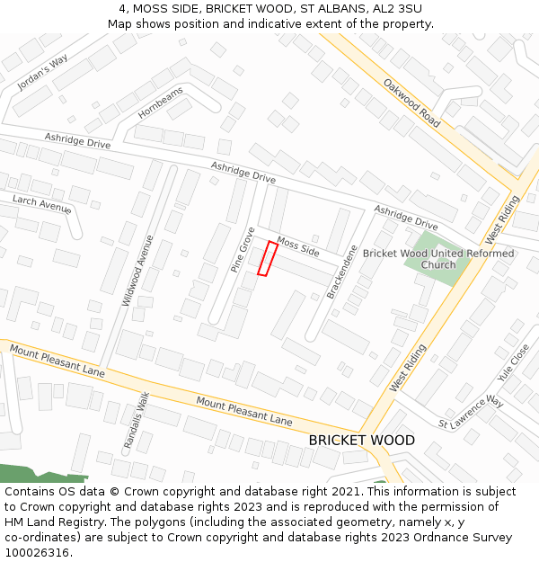4, MOSS SIDE, BRICKET WOOD, ST ALBANS, AL2 3SU: Location map and indicative extent of plot