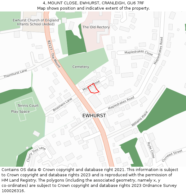 4, MOUNT CLOSE, EWHURST, CRANLEIGH, GU6 7RF: Location map and indicative extent of plot