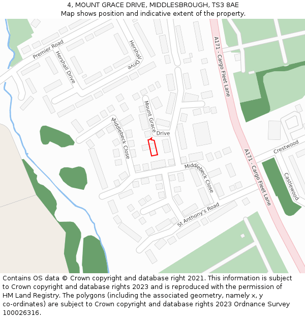 4, MOUNT GRACE DRIVE, MIDDLESBROUGH, TS3 8AE: Location map and indicative extent of plot