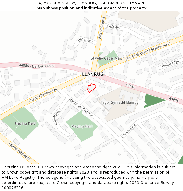 4, MOUNTAIN VIEW, LLANRUG, CAERNARFON, LL55 4PL: Location map and indicative extent of plot