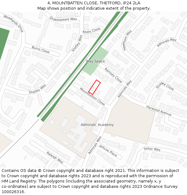 4, MOUNTBATTEN CLOSE, THETFORD, IP24 2LA: Location map and indicative extent of plot