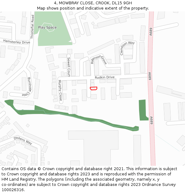 4, MOWBRAY CLOSE, CROOK, DL15 9GH: Location map and indicative extent of plot