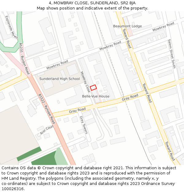 4, MOWBRAY CLOSE, SUNDERLAND, SR2 8JA: Location map and indicative extent of plot