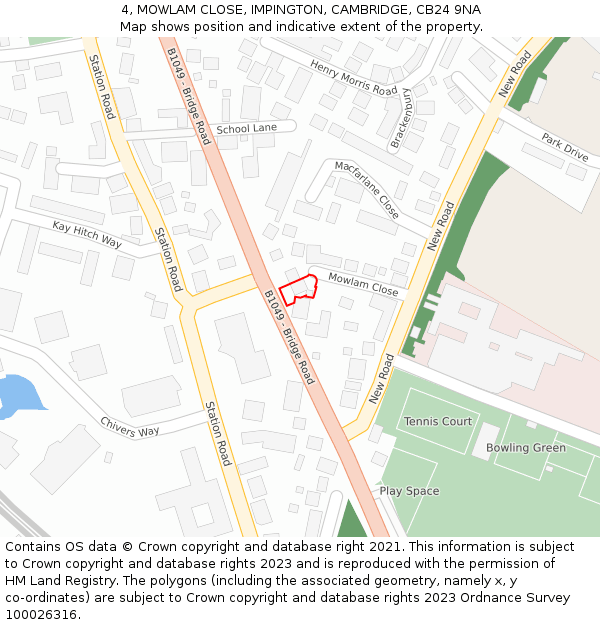 4, MOWLAM CLOSE, IMPINGTON, CAMBRIDGE, CB24 9NA: Location map and indicative extent of plot