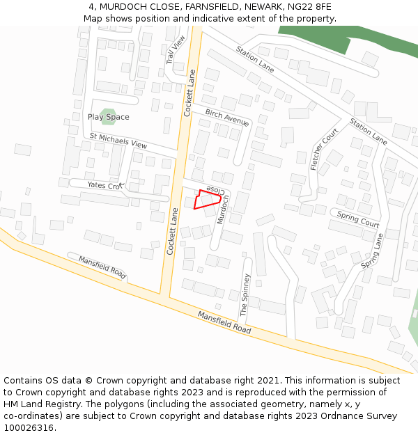 4, MURDOCH CLOSE, FARNSFIELD, NEWARK, NG22 8FE: Location map and indicative extent of plot