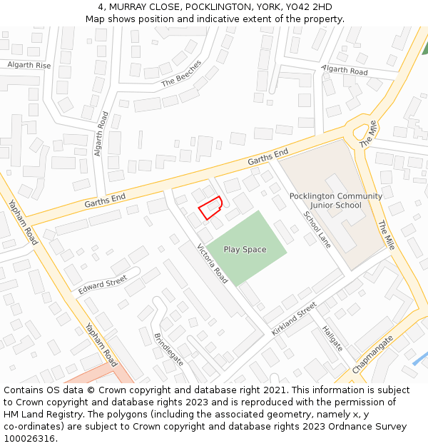 4, MURRAY CLOSE, POCKLINGTON, YORK, YO42 2HD: Location map and indicative extent of plot