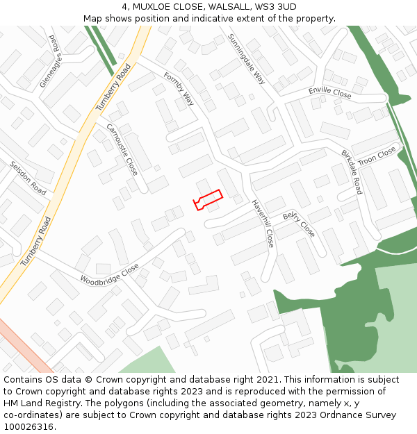4, MUXLOE CLOSE, WALSALL, WS3 3UD: Location map and indicative extent of plot