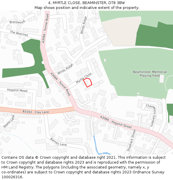 4, MYRTLE CLOSE, BEAMINSTER, DT8 3BW: Location map and indicative extent of plot