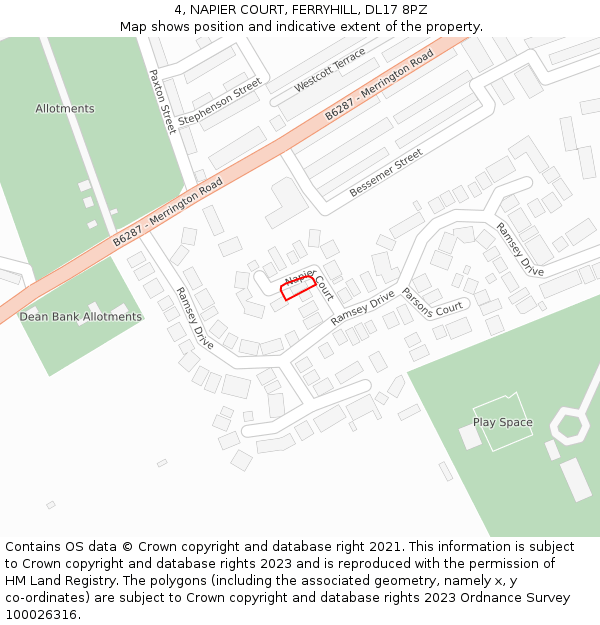 4, NAPIER COURT, FERRYHILL, DL17 8PZ: Location map and indicative extent of plot