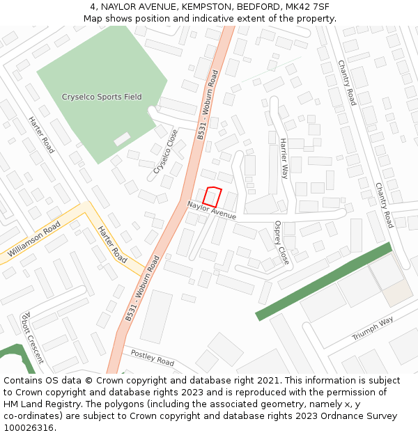 4, NAYLOR AVENUE, KEMPSTON, BEDFORD, MK42 7SF: Location map and indicative extent of plot