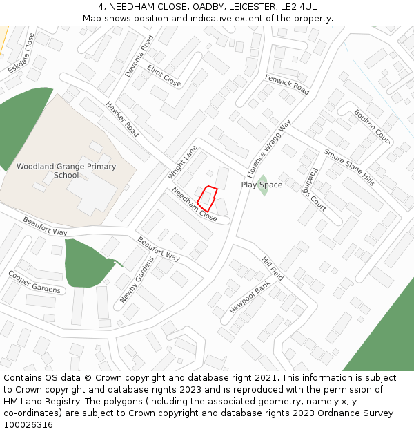 4, NEEDHAM CLOSE, OADBY, LEICESTER, LE2 4UL: Location map and indicative extent of plot