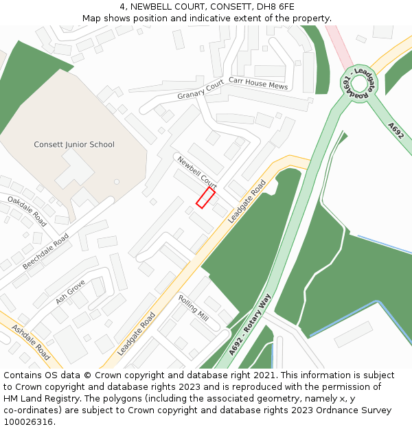 4, NEWBELL COURT, CONSETT, DH8 6FE: Location map and indicative extent of plot