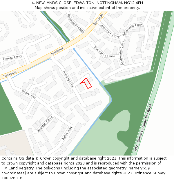 4, NEWLANDS CLOSE, EDWALTON, NOTTINGHAM, NG12 4FH: Location map and indicative extent of plot