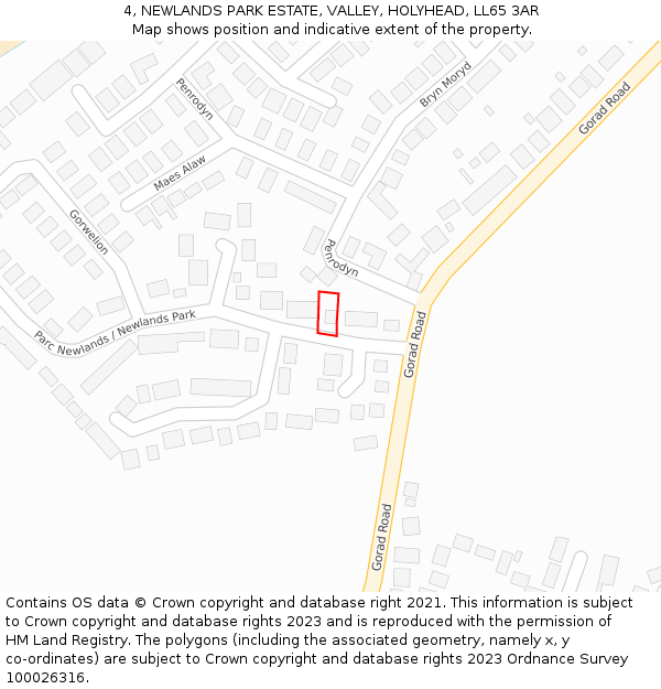 4, NEWLANDS PARK ESTATE, VALLEY, HOLYHEAD, LL65 3AR: Location map and indicative extent of plot