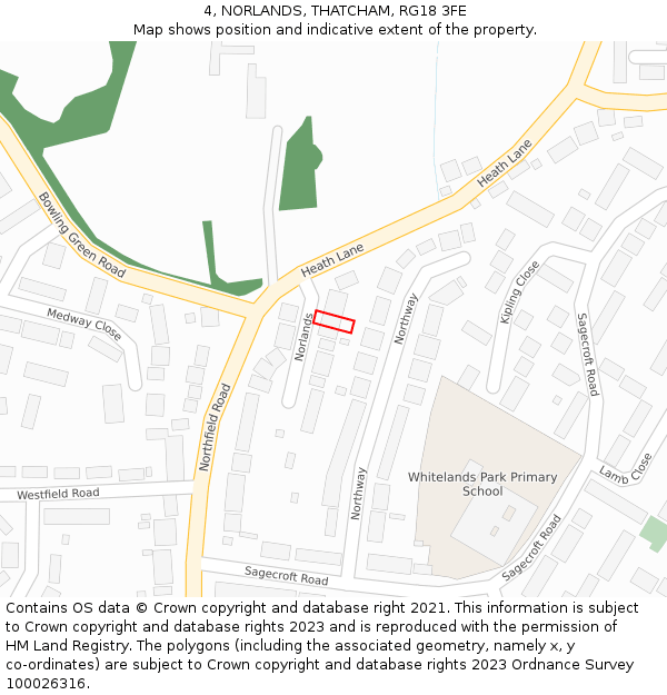 4, NORLANDS, THATCHAM, RG18 3FE: Location map and indicative extent of plot