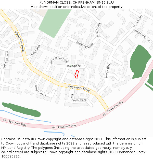 4, NORMAN CLOSE, CHIPPENHAM, SN15 3UU: Location map and indicative extent of plot
