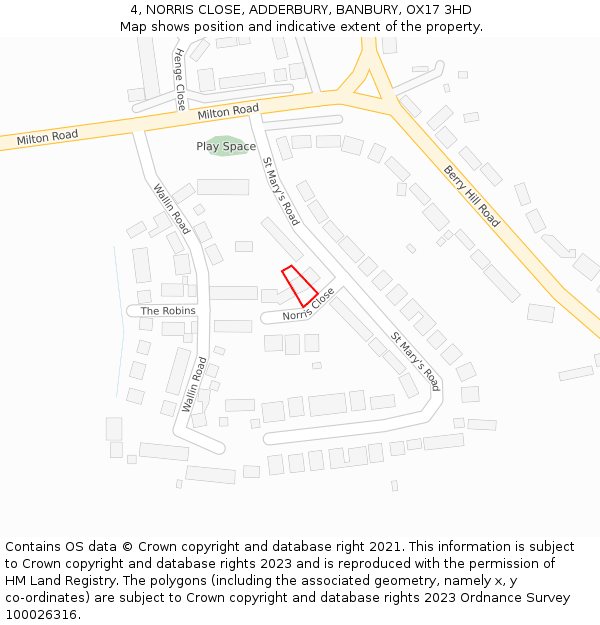 4, NORRIS CLOSE, ADDERBURY, BANBURY, OX17 3HD: Location map and indicative extent of plot