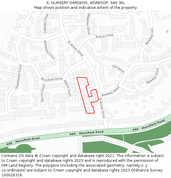 4, NURSERY GARDENS, WORKSOP, S80 3EL: Location map and indicative extent of plot