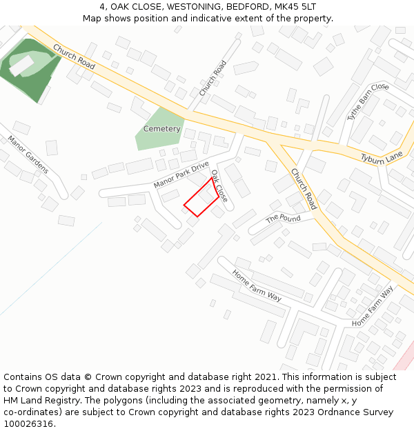 4, OAK CLOSE, WESTONING, BEDFORD, MK45 5LT: Location map and indicative extent of plot