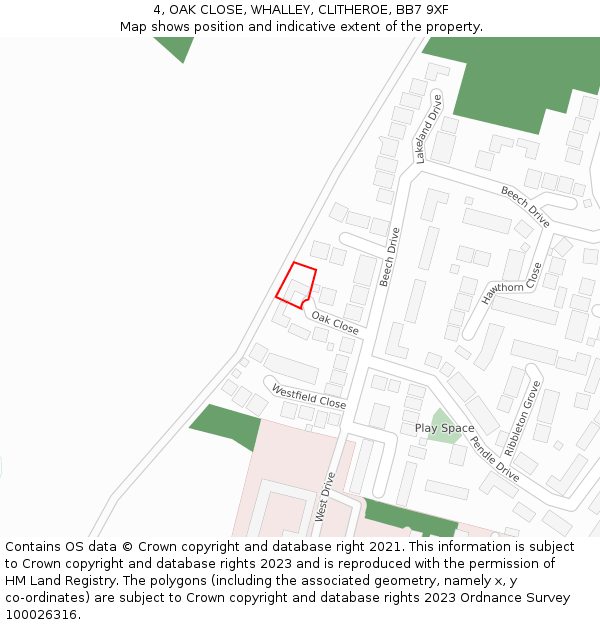 4, OAK CLOSE, WHALLEY, CLITHEROE, BB7 9XF: Location map and indicative extent of plot