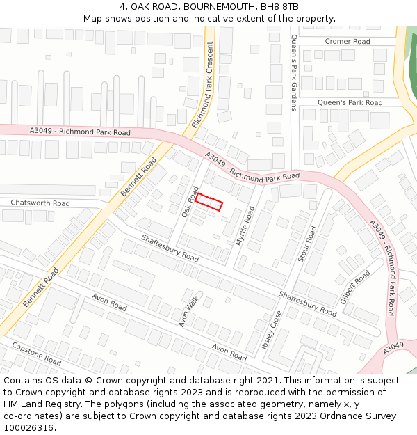 4, OAK ROAD, BOURNEMOUTH, BH8 8TB: Location map and indicative extent of plot
