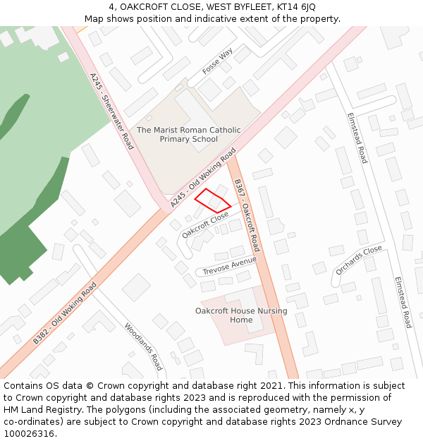 4, OAKCROFT CLOSE, WEST BYFLEET, KT14 6JQ: Location map and indicative extent of plot