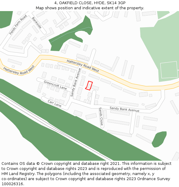 4, OAKFIELD CLOSE, HYDE, SK14 3GP: Location map and indicative extent of plot