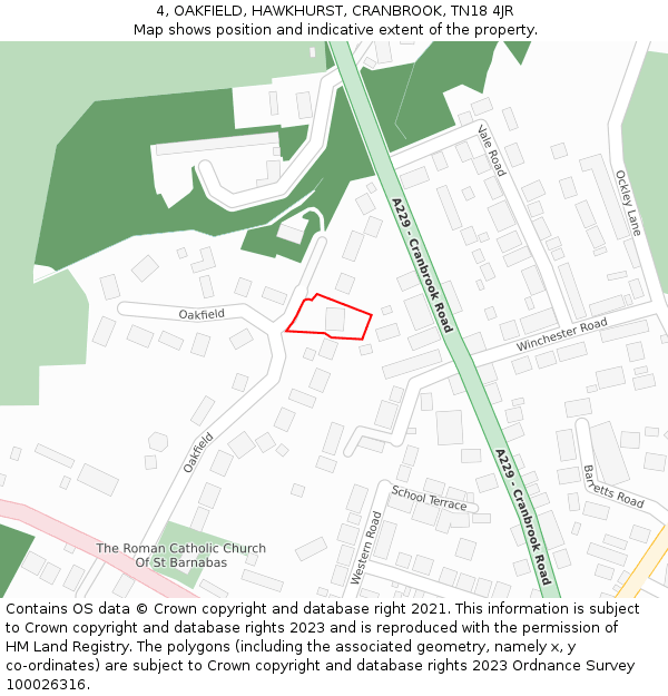 4, OAKFIELD, HAWKHURST, CRANBROOK, TN18 4JR: Location map and indicative extent of plot