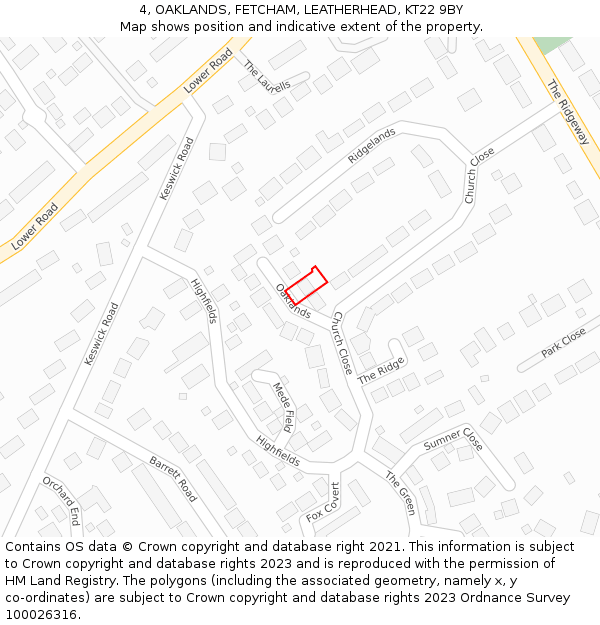 4, OAKLANDS, FETCHAM, LEATHERHEAD, KT22 9BY: Location map and indicative extent of plot