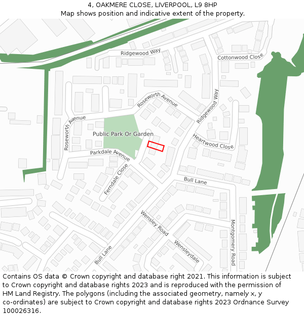4, OAKMERE CLOSE, LIVERPOOL, L9 8HP: Location map and indicative extent of plot