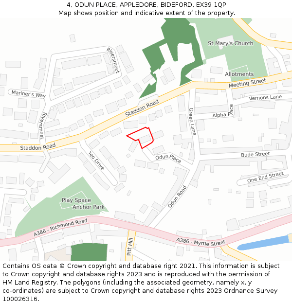 4, ODUN PLACE, APPLEDORE, BIDEFORD, EX39 1QP: Location map and indicative extent of plot