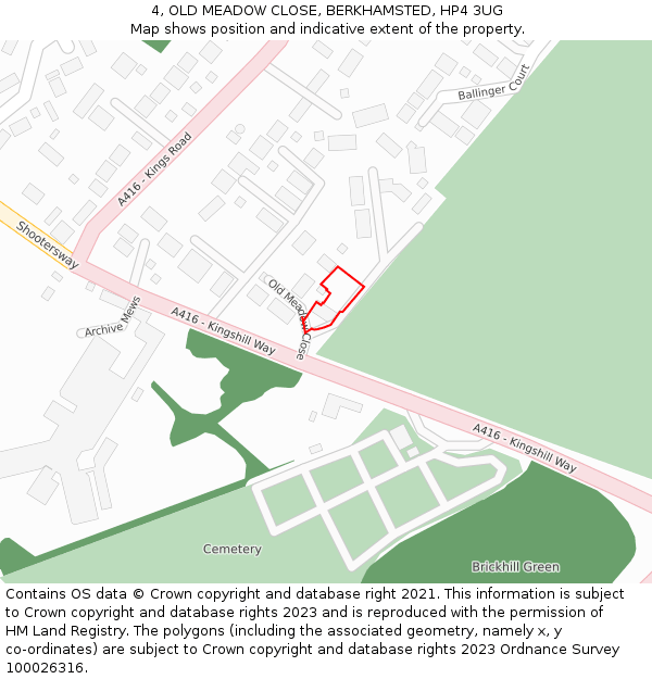 4, OLD MEADOW CLOSE, BERKHAMSTED, HP4 3UG: Location map and indicative extent of plot