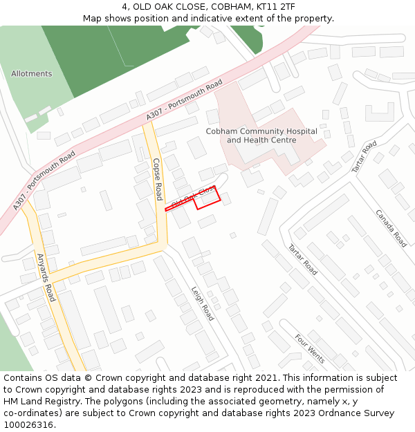 4, OLD OAK CLOSE, COBHAM, KT11 2TF: Location map and indicative extent of plot