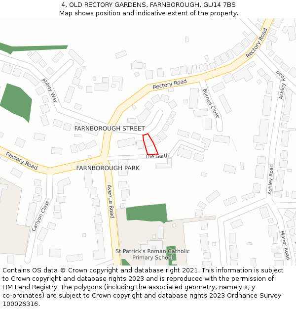 4, OLD RECTORY GARDENS, FARNBOROUGH, GU14 7BS: Location map and indicative extent of plot