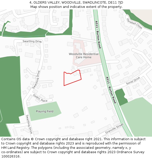 4, OLDERS VALLEY, WOODVILLE, SWADLINCOTE, DE11 7JD: Location map and indicative extent of plot