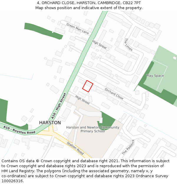 4, ORCHARD CLOSE, HARSTON, CAMBRIDGE, CB22 7PT: Location map and indicative extent of plot