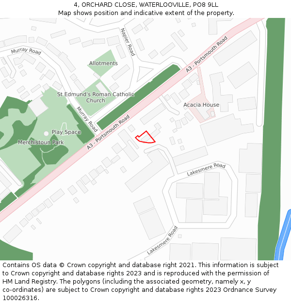 4, ORCHARD CLOSE, WATERLOOVILLE, PO8 9LL: Location map and indicative extent of plot