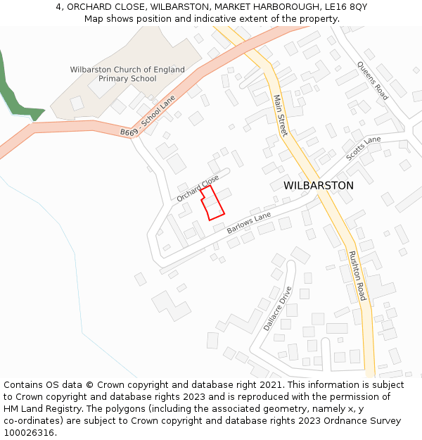4, ORCHARD CLOSE, WILBARSTON, MARKET HARBOROUGH, LE16 8QY: Location map and indicative extent of plot