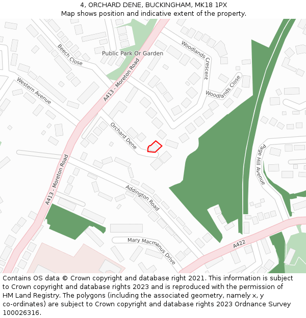 4, ORCHARD DENE, BUCKINGHAM, MK18 1PX: Location map and indicative extent of plot