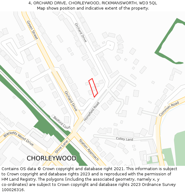 4, ORCHARD DRIVE, CHORLEYWOOD, RICKMANSWORTH, WD3 5QL: Location map and indicative extent of plot