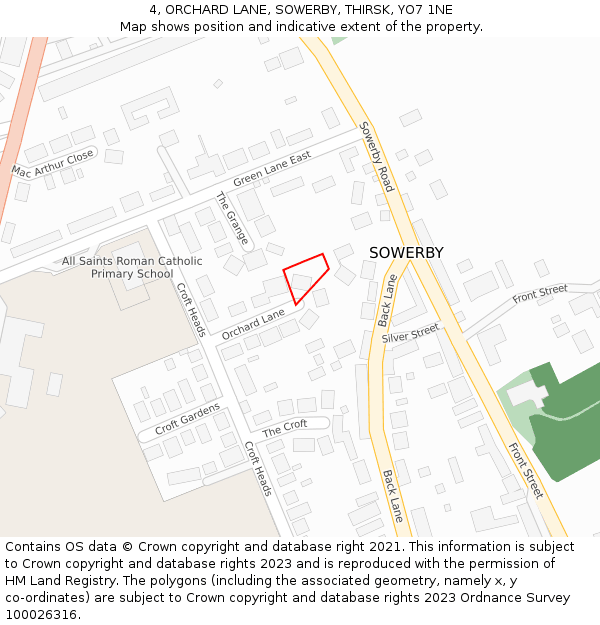 4, ORCHARD LANE, SOWERBY, THIRSK, YO7 1NE: Location map and indicative extent of plot