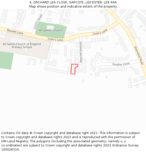 4, ORCHARD LEA CLOSE, SAPCOTE, LEICESTER, LE9 4AA: Location map and indicative extent of plot