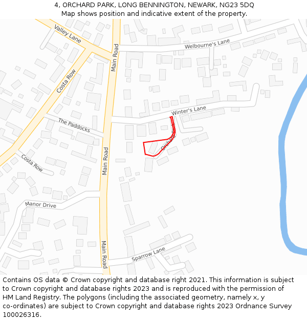 4, ORCHARD PARK, LONG BENNINGTON, NEWARK, NG23 5DQ: Location map and indicative extent of plot