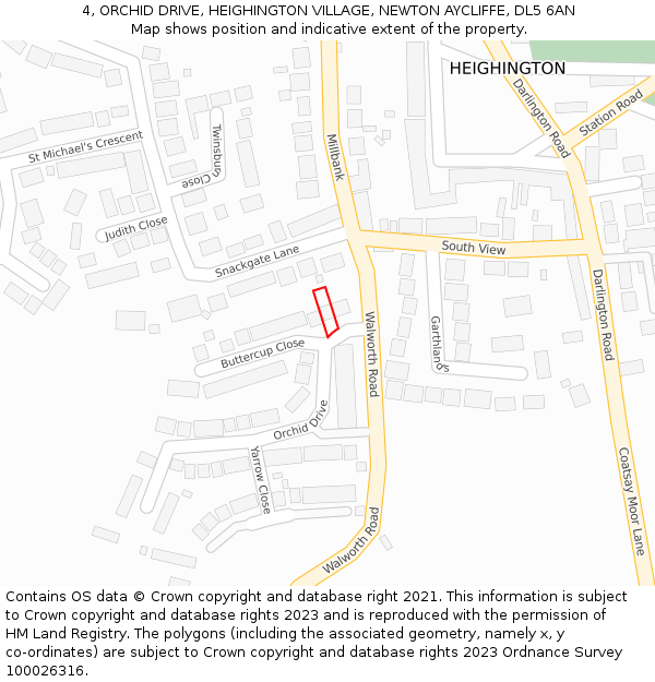 4, ORCHID DRIVE, HEIGHINGTON VILLAGE, NEWTON AYCLIFFE, DL5 6AN: Location map and indicative extent of plot