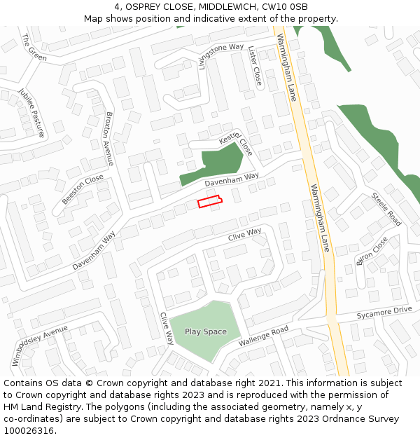 4, OSPREY CLOSE, MIDDLEWICH, CW10 0SB: Location map and indicative extent of plot