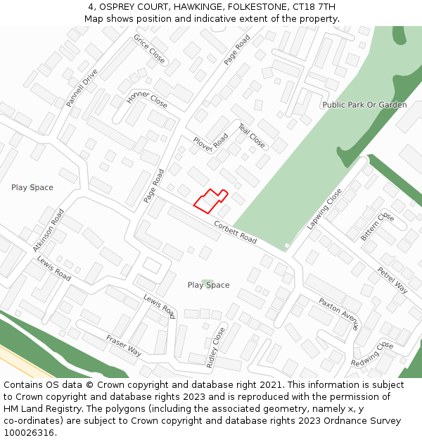 4, OSPREY COURT, HAWKINGE, FOLKESTONE, CT18 7TH: Location map and indicative extent of plot